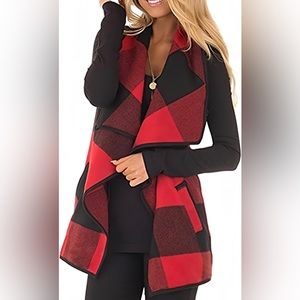 Womens Plaid Vest Lapel Cardigan Open Front Sleeveless Jackets with Pockets